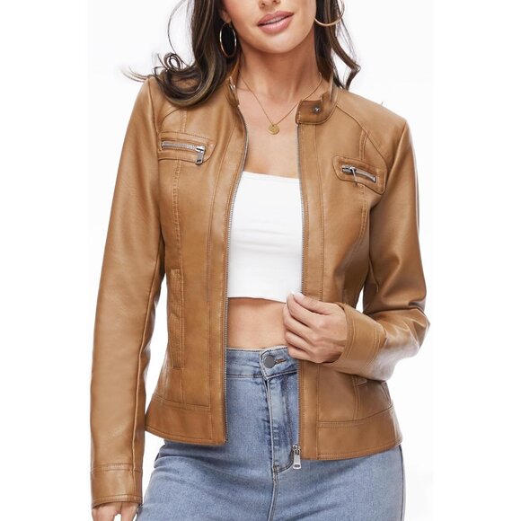 Women Cream polyurethane Zip Leather Jackets Moto Biker Outwear Coat